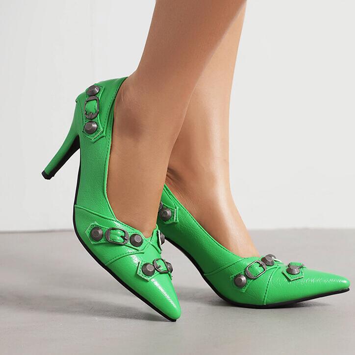 Womens High Heels Punk Rivets Studded Pointed Toe Shoes Party