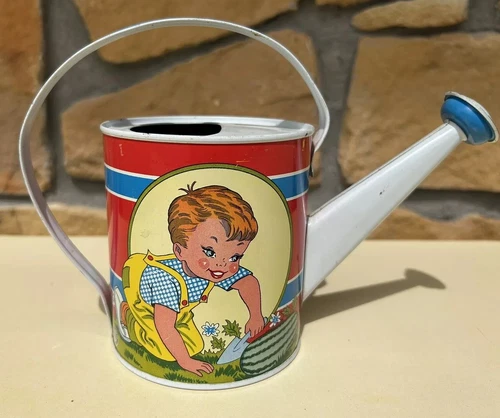 Vintage OHIO ART  Kids Tin Watering Can Boy w/ Watermelon Girl w/ Tomato Garden