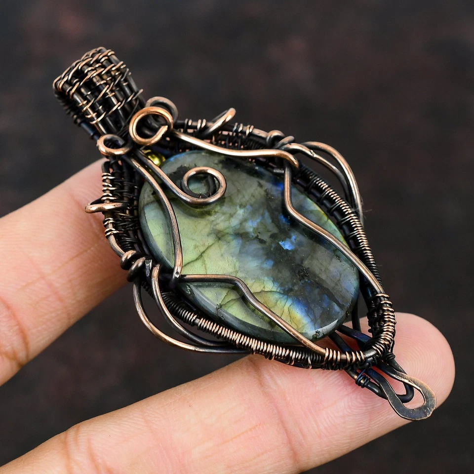 Pingente embrulhado em fio de labradorita feito à mão presente étnico de cobre 3,07" - Imagem 4 de 4