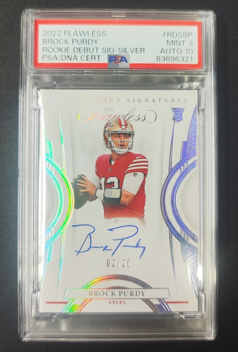 Brock Purdy 2022 Panini Flawless 02/20 Auto Debut Sig-Sil PSA 9 RC 