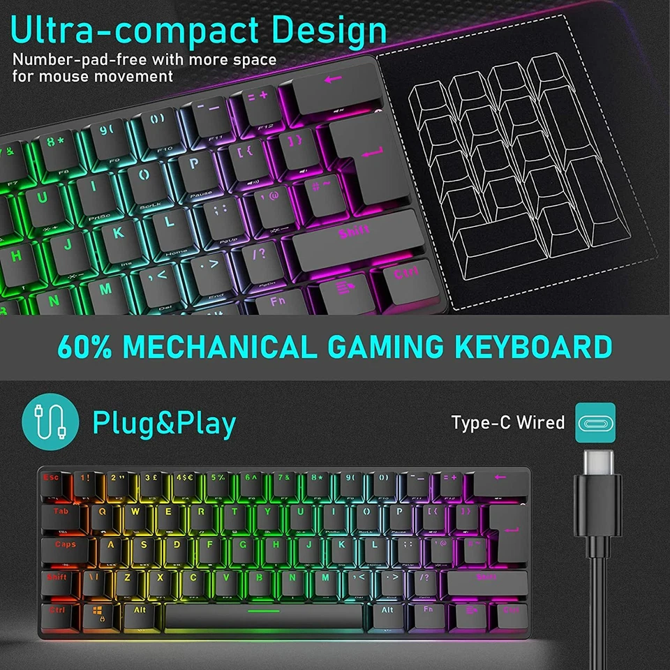 Wired Mechanical Gaming Keyboard Mini with RGB Backlit Type-C  for PC/PS4/Xbox - Image 3 of 4
