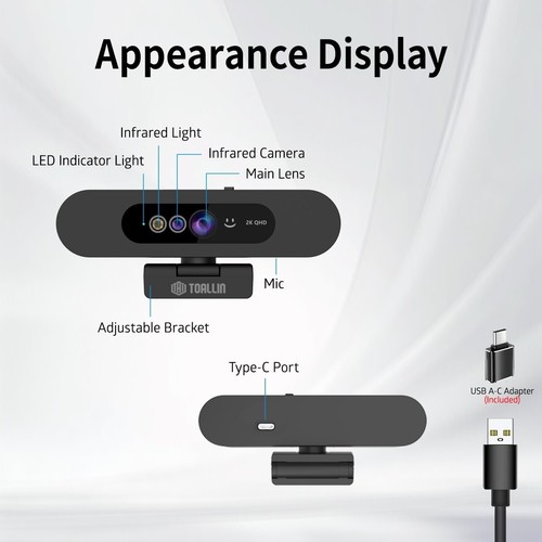 TOALLIN Hello Pro 2K QHD Webcam - RRP £59 with Facial Recognition & Mic RRP £59 - Photo 2/11