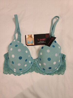 NWT No Boundaries Green Polka-dot Padded Underwire TShirt Bra; 32D