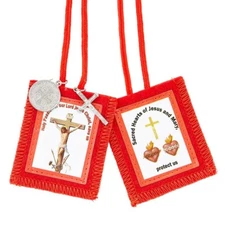 Passion Scapular Scared Hearts of Jesus Red w/ St. Benedict and crucifix medals