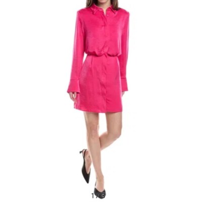 BCBG Hot Pink Long Sleeve Button-Down Shirt Satin Dress Barbie
