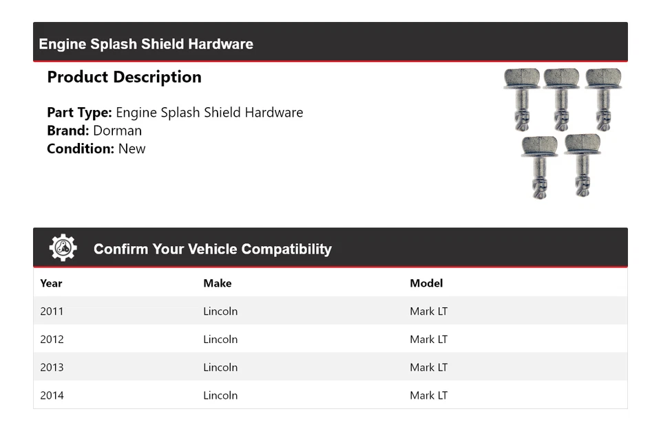 For 2011-2014 Lincoln Mark LT Dorman Engine Splash Shield Hardware 2012 2013 - Image 2 of 4