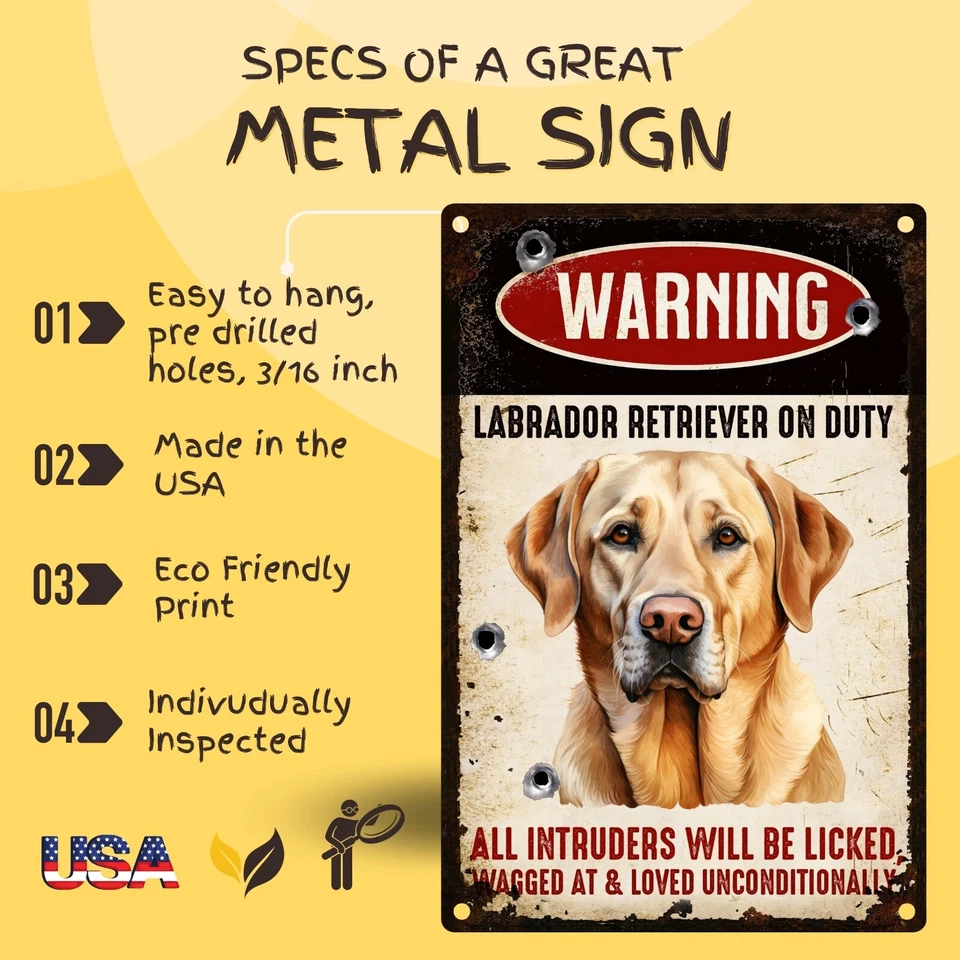 🐾 Letrero de bienvenida de hojalata de metal divertido Labrador On Duty, letrero de 8x12 hecho en EE. UU.🐾 Foto 3 de 4