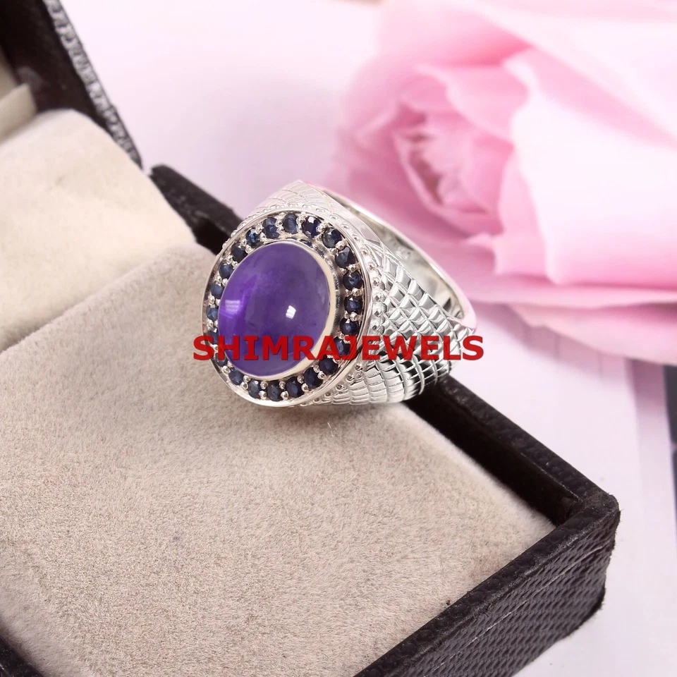 Natural Amethyst & Sapphire Gemstone With 925 Sterling Silver Men's Ring #1127 - Image 3 of 4