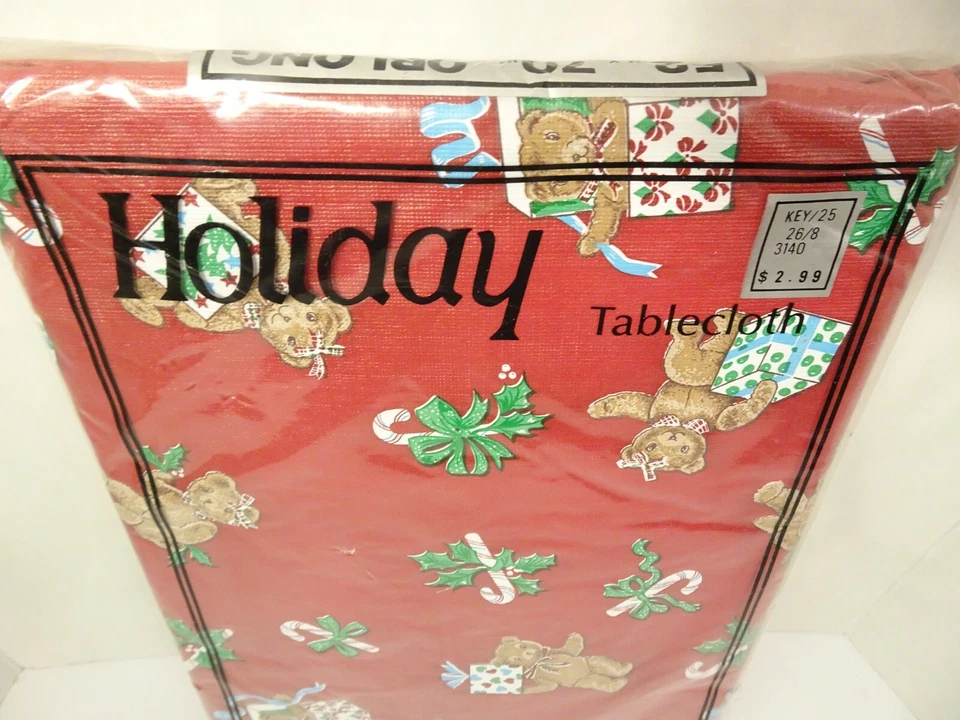 Holiday Vinyl Flannel Back Tablecloth Christmas 52x70 Vintage NEW Red Teddy Bear - Image 3 of 4