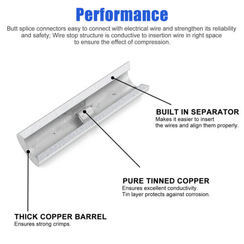 100/200Pcs Copper Bare Wire Splice Terminals Ferrule Butt Crimp Connectors US - Picture 3 of 12