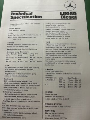 Mercedes Benz L608D Diesel Truck Technical Specification Brochure Frameable 1984