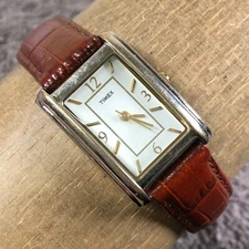 Timex Women Brown Leather Tank Stainless Steel 21mm Quartz Watch 7 1/4"
