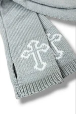 Cross Sign Gothic Crochet Ribbed Knit Arm Warmers Sleeves with Thumb Holes Gray