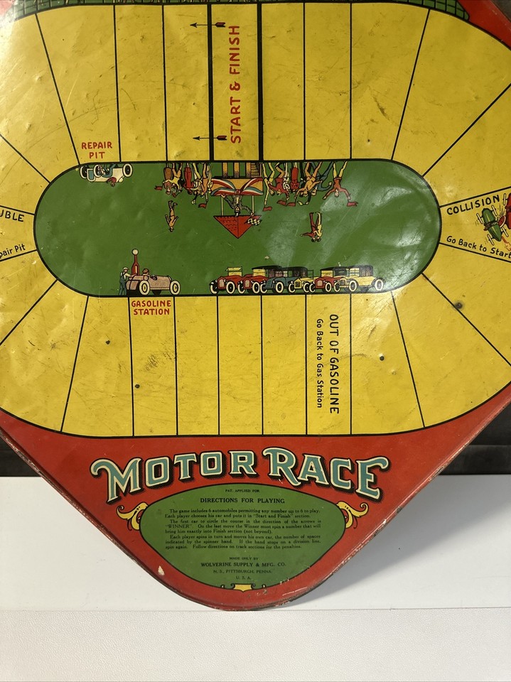 Vintage 1920s WOLVERINE MOTOR RACE Tin Toy Game Board Nice Car Graphics ...