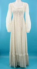 Vtg Women's 70s Cream & Blue Floral Lace Front Gunne Sax Maxi Dress XS/S 1970s