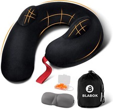 Inflatable Neck Pillow for Travel, Sleep Mask Earplugs - Soft Washable Fabric