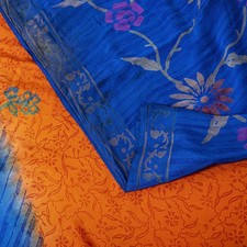 Sanskriti Vintage Saree Orange-Blue Pure Crepe Floral Printed Sari 5.5 Yd Fabric