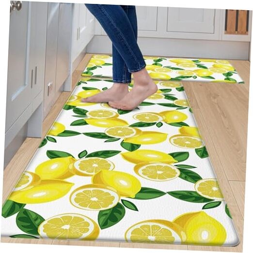 Kitchen Mats 2PCS,White Lemon Waterproof Non-Slip Kitchen Mats and