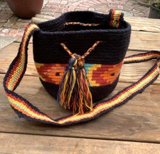 Wayuu Crochet Drawstring Bucket Bag Aztec Tribal Ethnic Black Multicolor