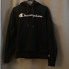 Women  s black Champion Powerblend hoodie script logo across the chest Size Small