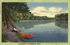Greetings From Kalkaska,MI Tichnor 1942 Fishing Kalkaska County Linen Postcard