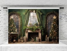 Christmas Photography Backdrop Xmas Fireplace Photo Background Green Interior...