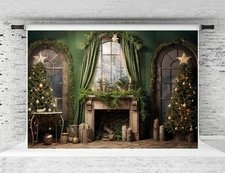 Christmas Photography Backdrop Xmas Fireplace Photo Background Green Interior...