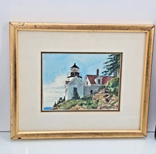 Vintage Bass Harbor Head Lighthouse Station Maine Framed art Signed Sue Harid M1