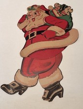 Vintage Die Cut Jointed Leg Cardboard Santa w/ Toy Bag  as is  M 