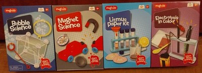 Vier neue Wissenschaftssets - Blasen, Magnete Lackmus Papier Elektrolyse  