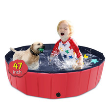 CACSPS Foldable Dog Pool, 47" x 12" Kiddie Pool with Hard Plastic, 47", Red