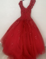 Morilee Madeline Gardner Red Sequin Tulle Ball Gown V-Neck Lace Up Sz 2