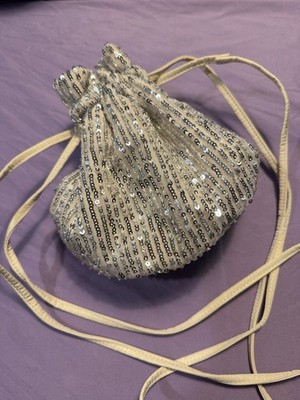 LOFT Silver Sequin Shimmer Party Event Drawstring Purse Clutch Handbag