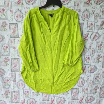 The Limited Neon Lime Green Linen Blend V-Neck Tunic Blouse Top Roll Tab Sleeve 