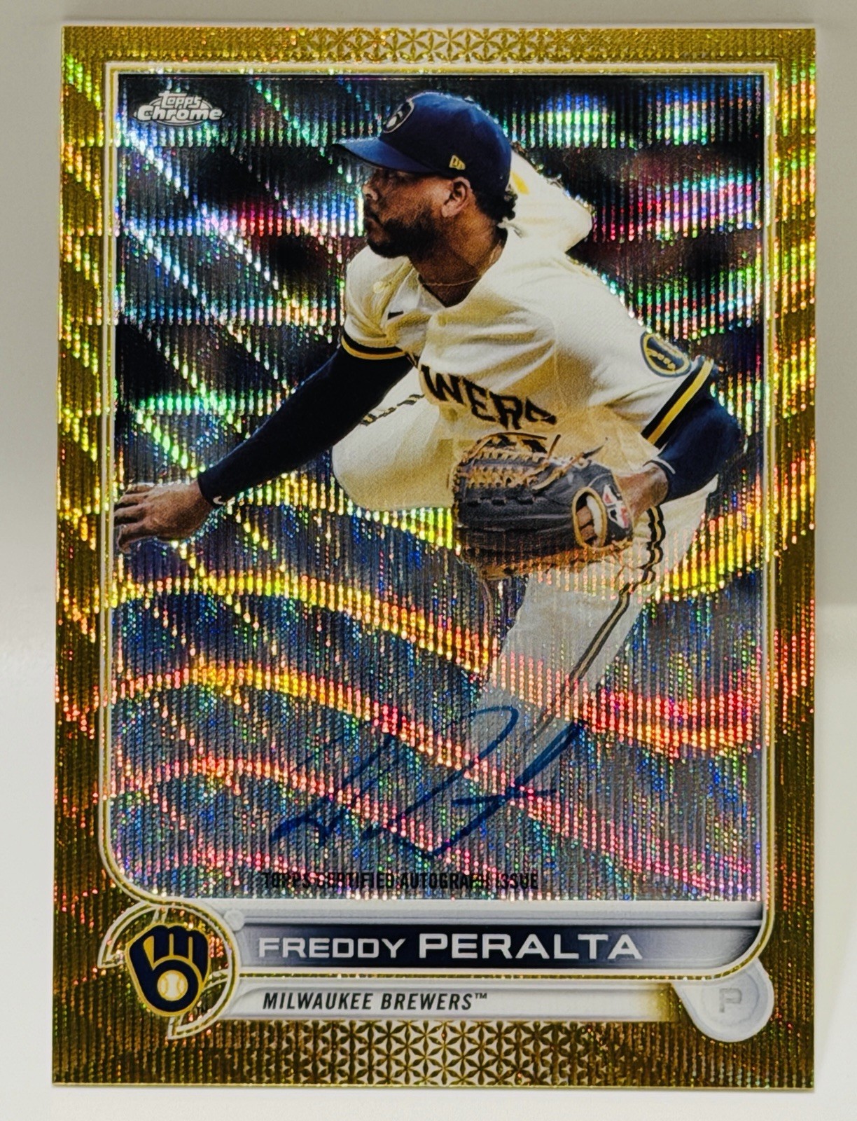Freddy Peralta *40/50* Auto 2022 Topps Chrome Gold Wave Refractor #CVA-FP Rays view 2