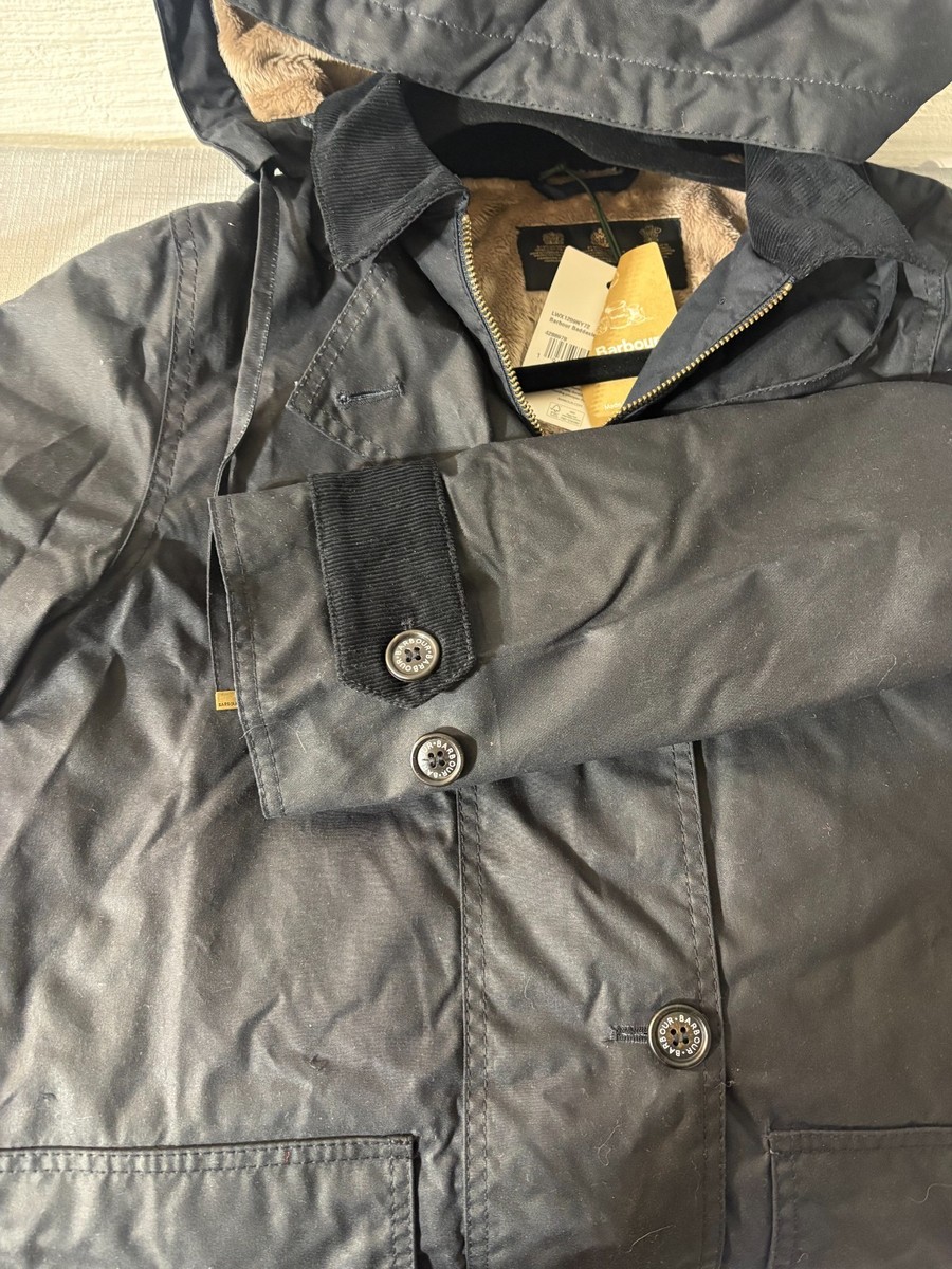 BARBOUR Baddesley Hooded Waxed Long Parka Jacket in Navy Natural