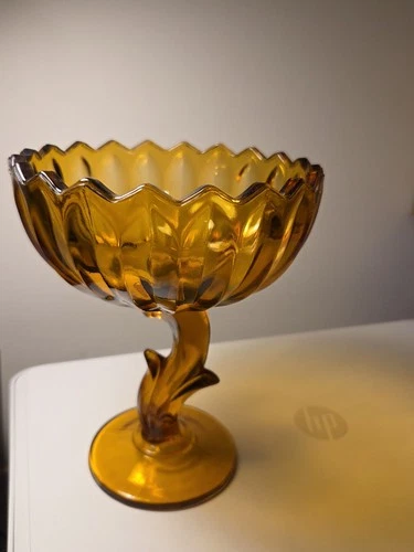 vintage amber glass stemed candy bowl