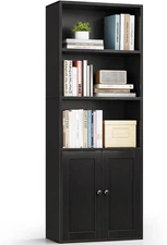 Bookshelf and Bookcase with Doors, Floor Standing 5-Tier Shelf Display Storage 