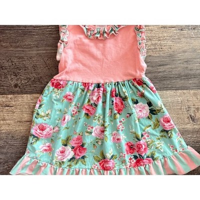 Girls Medium Floral Boutique Twirl Dress Mint Pink Rose Ruffle Size 5 - 6