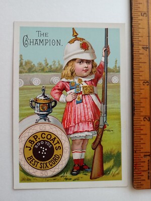 J&P COATS SEWING NEEDLE THREAD NUMBERS TRADE CARD 1890 GIRL HELMET FIREARM RIFLE