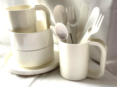 5 VINTAGE WHITE HELLER VIGNELLI CUPS BOWL PLATE & 7 BODUM CUTLERY  -  FREE SHIP