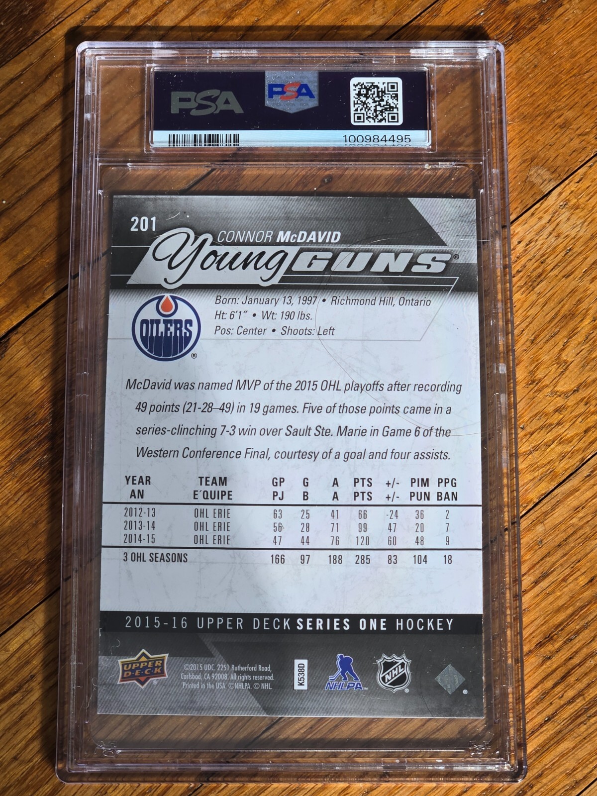 2015-16 UPPER DECK YOUNG GUNS PSA 9  #201 CONNOR MCDAVID JUMBO OVERSIZED view 2