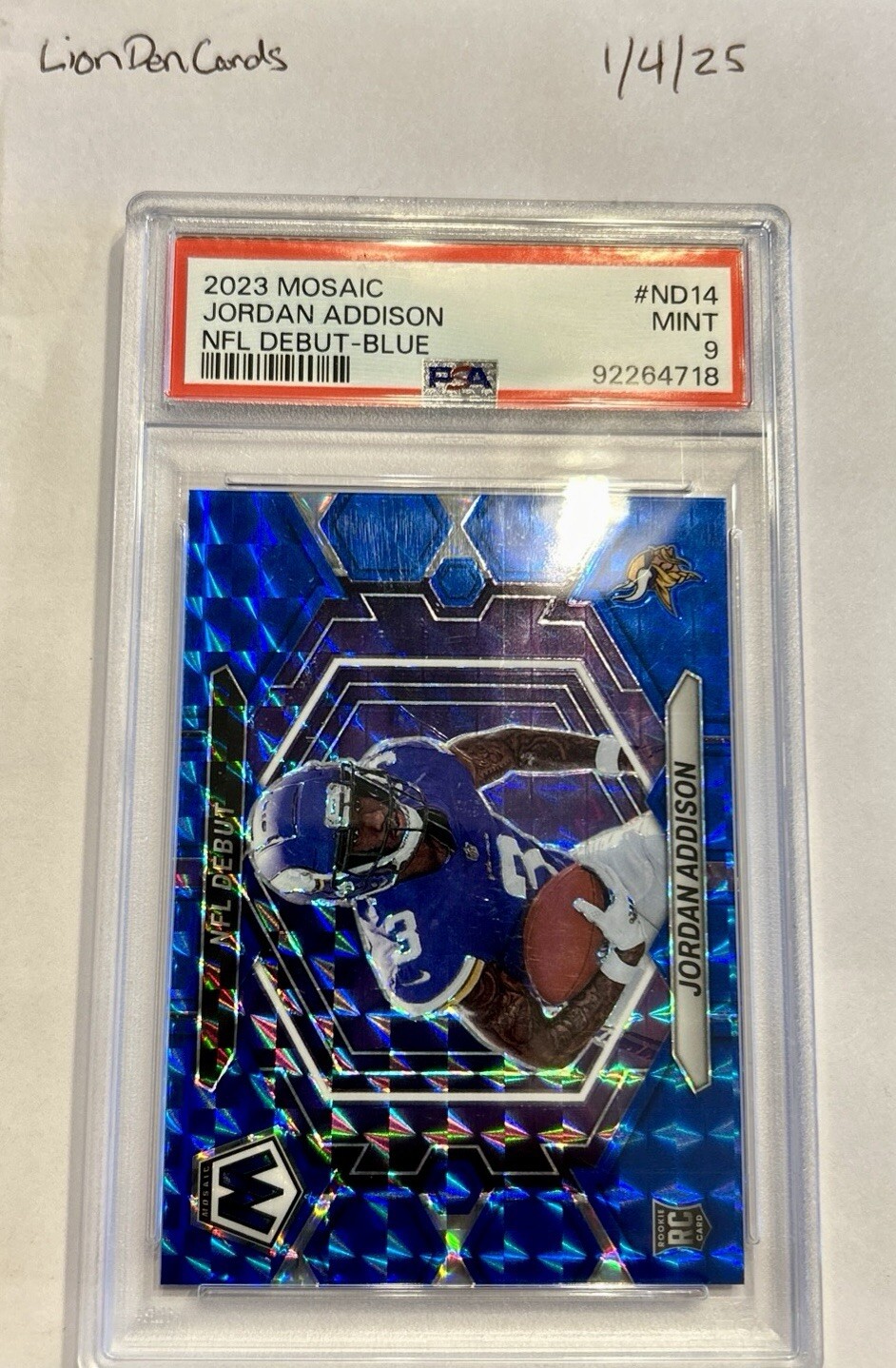 Jordan Addison Rookie NFL Debut- Blue  Minnesota Vikings 2023 Mosaic RC 12/99