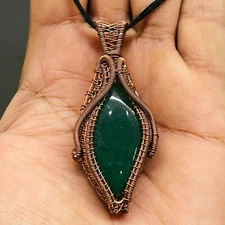 Natural Green Onyx Wire Wrapped Pendant Handcrafted Copper Ethnic Gift 2.35"