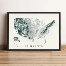 United States Map, USA  2D Relief Map, United States Vintage Map - 2D Flat Print