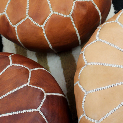 Pouf marocain ottoman en cuir pour la décoration intérieure - Pouf rond en cuir - Picture 4 of 10