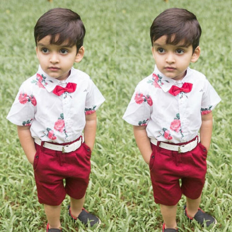 Niño Pequeño Bebé Niño Caballero Traje Rosa Pajarita Camiseta Pantalones Pantalones Conjunto Ropa