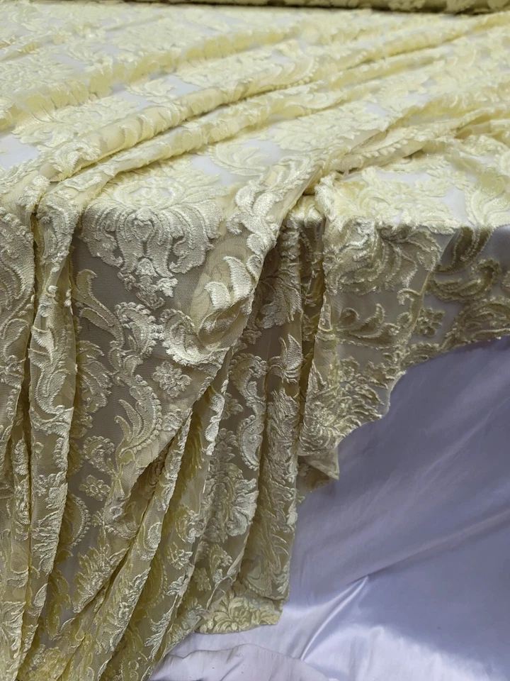 STRETCH LACE EMBROIDERY YELLOW FABRIC BY THE YARD DAMASK PATTERN DRESS BRIDAL - Image 4 of 4