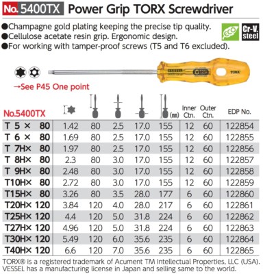 VESSEL Power Grip TORX Screwdriver T5 - 40 80-120mm No.5400TX made