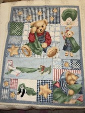 VTG Blue Jean Teddy Bear Crib Quilt-Handmade Baby /Toddler  s Room 42  x32  2Sides